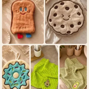 Peškiri u obliku tosta, čokoladnog keksa i krofne i dve magične krpice sa vezenim avokadom