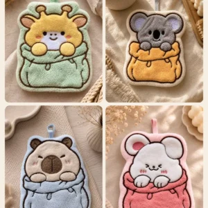 Četiri dečija peškira sa alkom za kačenje: žirafa, koala, kapibara i zeka, svaka viri iz svoje torbe