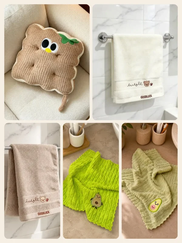 Braon kockasti Cuddle Puff jastuk, krem i bež dugi peškir sa vezenim medom i dve magične krpice sa avokadom
