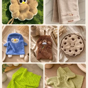 Braon Cuddle Puff jastuk Kružić, bež dugi peškir, dečiji peškiri u obliku pingvina, mede i keksa i dve magične krpice