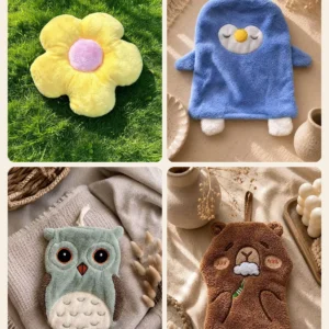 Žuti Cuddle Puff jastuk u obliku cveta i dečiji peškiri u obliku pingvina, sove i mede