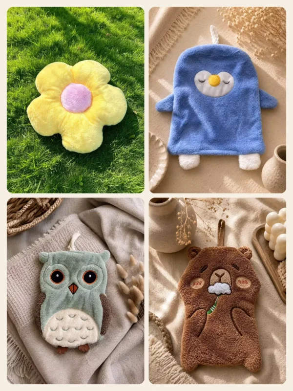 Žuti Cuddle Puff jastuk u obliku cveta i dečiji peškiri u obliku pingvina, sove i mede