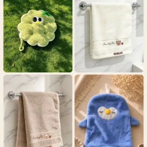 Zeleni Cuddle Puff jastuk Kružić, krem i bež peškir sa vezenim medom i dečiji peškir u obliku pingvina