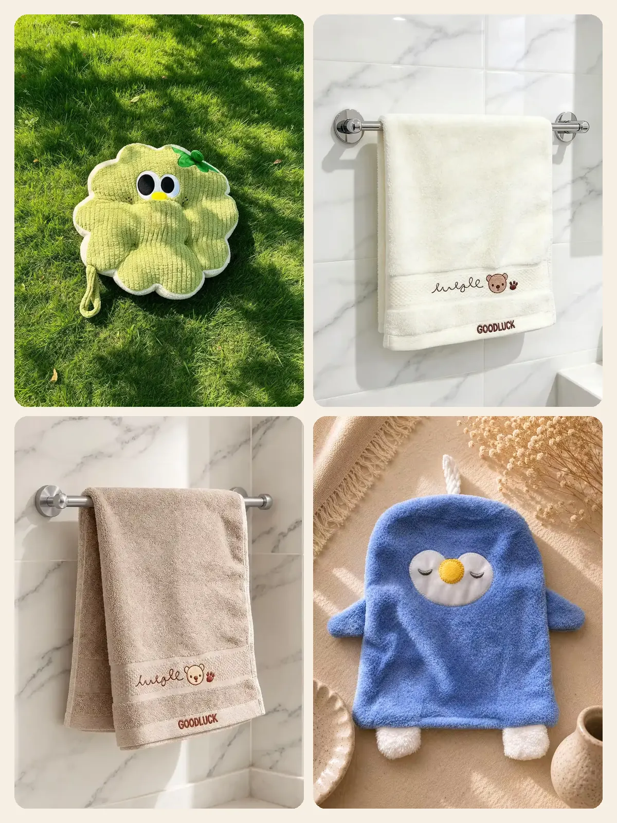 Zeleni Cuddle Puff jastuk Kružić, krem i bež peškir sa vezenim medom i dečiji peškir u obliku pingvina